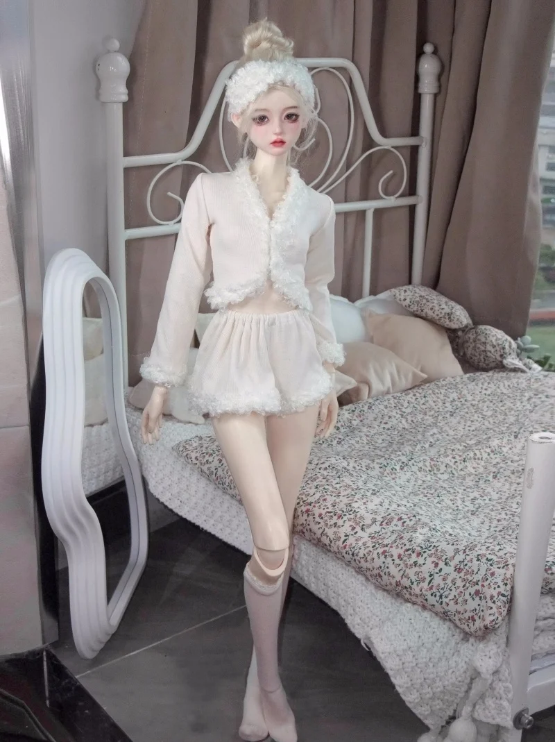 BJD doll clothes suitable  for 1/3 1/4 size white long sleeve soft waxy plush edge home wear set doll accessories