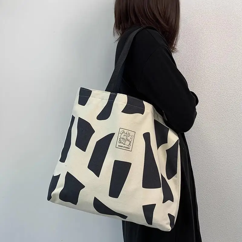 Canvas Tote Bag Irregular Black White Print Sturdy Straps Large Capacity For School Work Shopping Commute