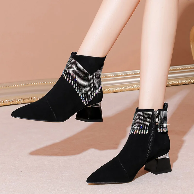 Phoentin rhinestone party Ankle boots for woman 2022 winter sexy pointed toe short boots elegant female black white shoes FT2014