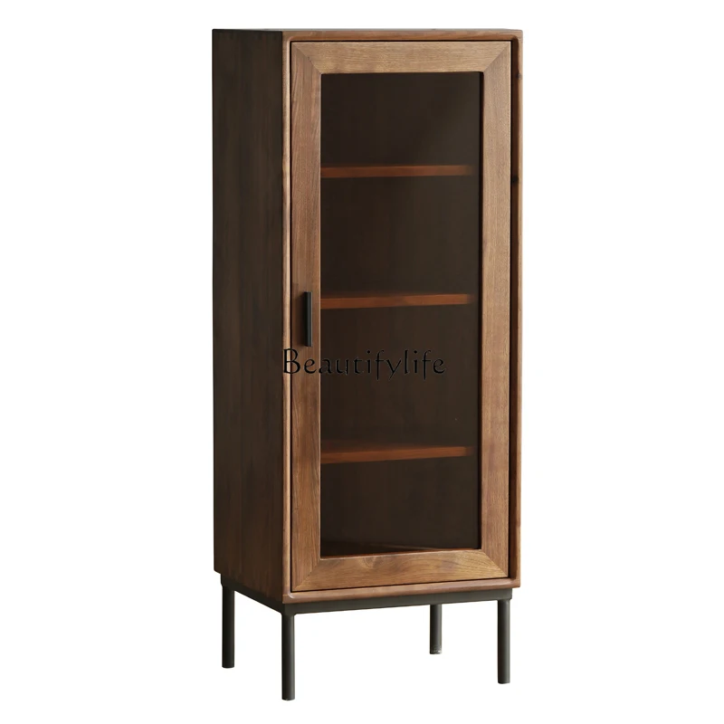 

North America Black Walnut Iron Side Cabinet Combination Nordic Solid Wood Simplicity Modern Living Room Glass Entrance Cabinet