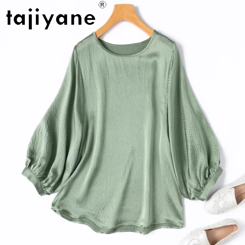 

TAJIYANE 19ММ 100% Шелковая футболка из тутового шелкопряда для женщин, элегантная зеленая футболка с рукавом три четверти, весенний топ 2026, женская одежда, топ