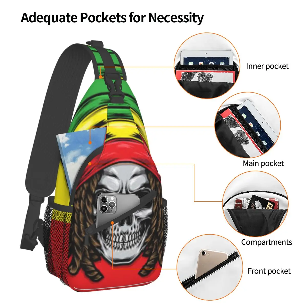 Rasta Skull Sling Bags, Chest Crossbody, Initiated Backpack, Travel, Hiking Daypacks, Reggae Dreadlocks, Jamaica Bookbag