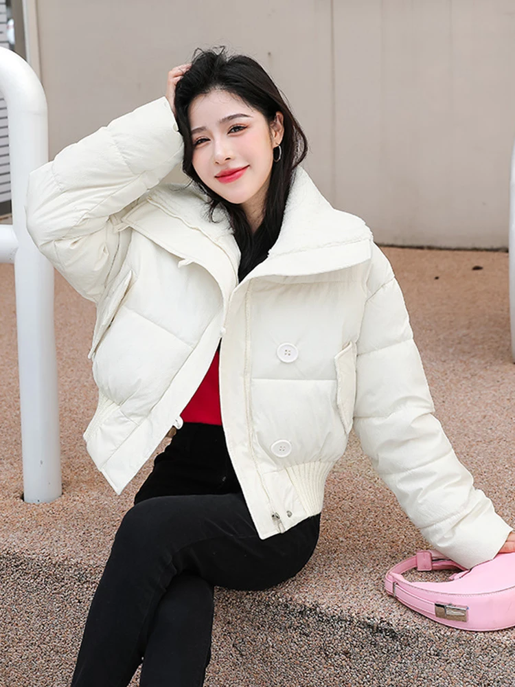 Winter Thicken Parkas Slim Short Jackets Women Korean Warm Plush Lapel Coats Casual Down Cotton Oversized Pink Crop Chaquetas