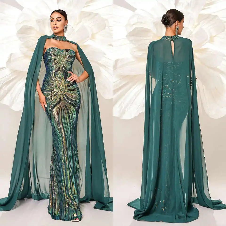 

Elegant Shawl Floor Length Dresses Sequins Beadeds Mermaid Evening Dresses Formal Occasion Birthday Party Dresses Customized