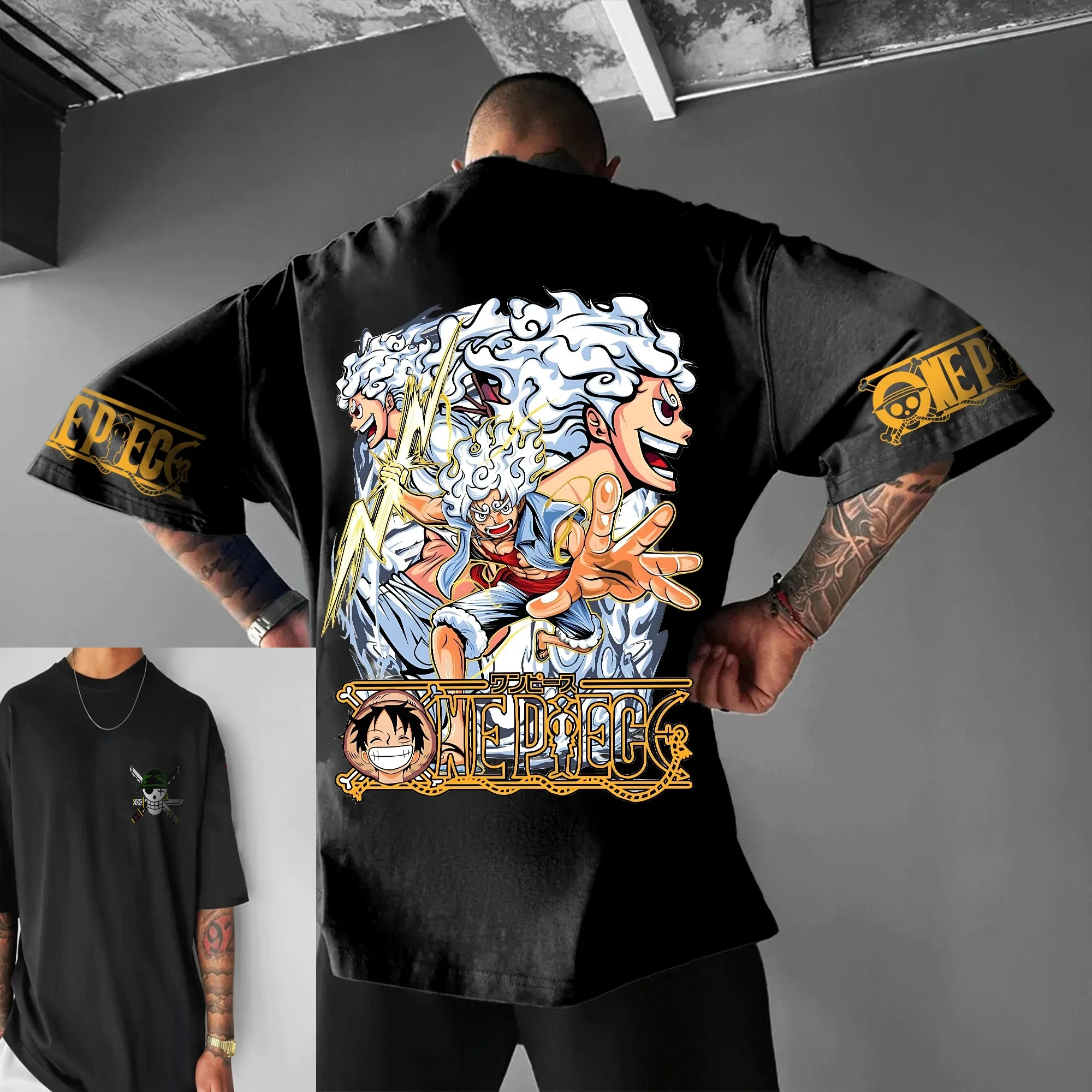 ONE PIECE Zoro Skull T-Shirt, schwarze Baumwolle, linke Brust, bedruckt, grüne Bandana-Brille, Schwerter, gekreuzte Tätowierung, Modellstil, Silberkette