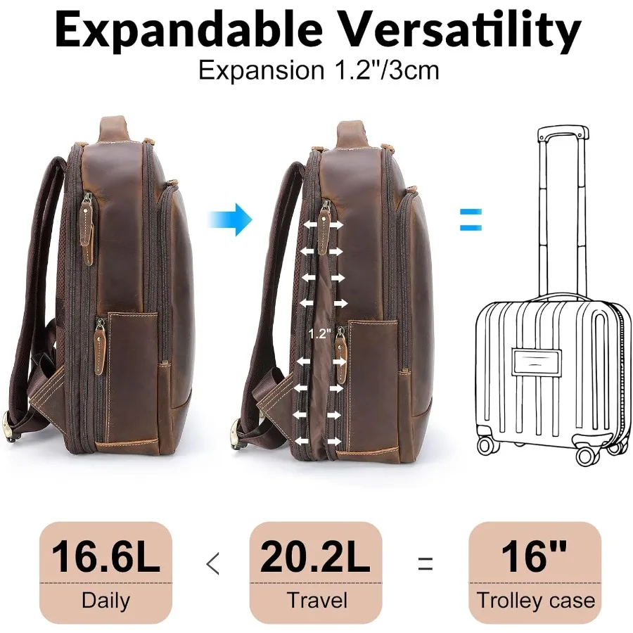 حقيبة ظهر TIDING للرجال من الجلد للعمل والسفر قابلة للتوسيع مقاس 15.6 بوصة للكمبيوتر المحمول حقيبة ظهر للعمل حقيبة نهارية غير رسمية #4