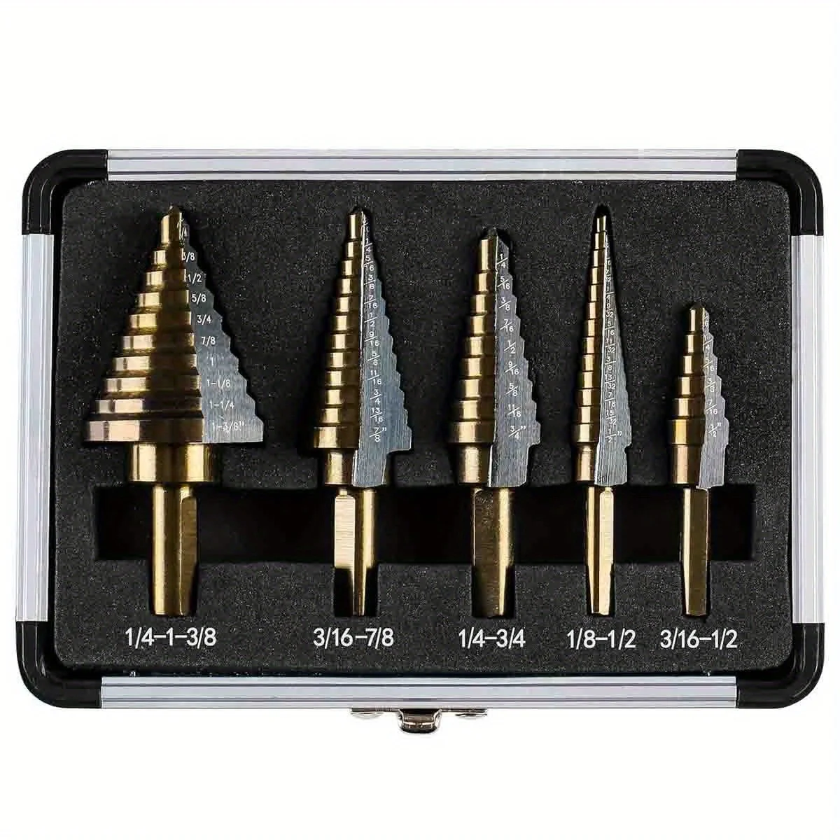 

5-piece HSS cobalt stepped drill bit kit, porous 50 size cobalt titanium conical drill bit core, aluminum shell