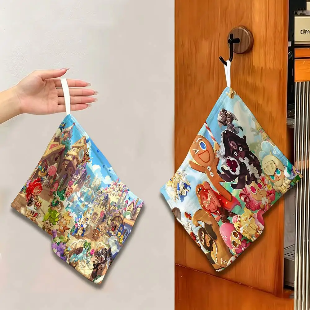 Anime Cookie Run K-Kingdom Hanging Kitchen Towel, Polyester Cotton Fabric, Absorbent Hand Wiping Towel for Home Dormitory