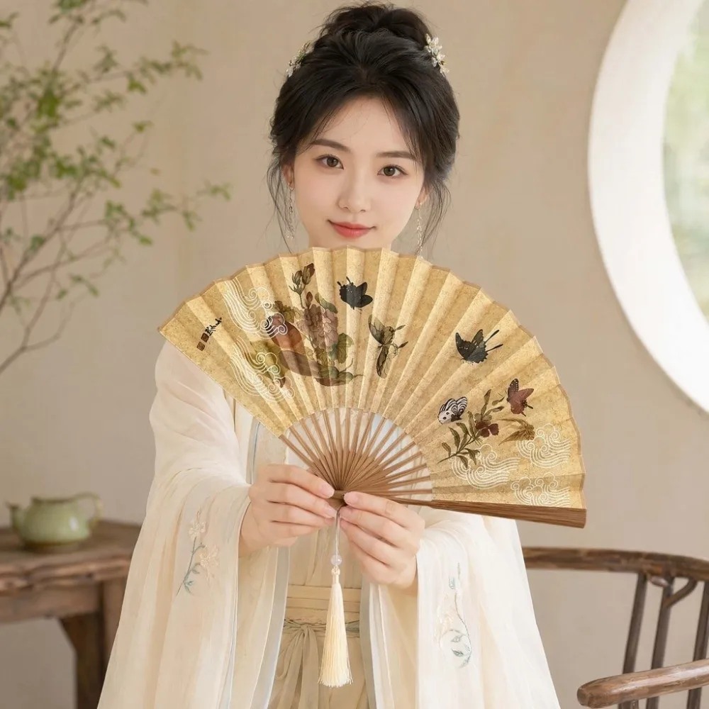 Silk Cloth Folding Hand Fan Bamboo Frame Butterfly Cat Retro Handheld Fan Shell-Shaped Double Sided Chinese-Style Shell Fan