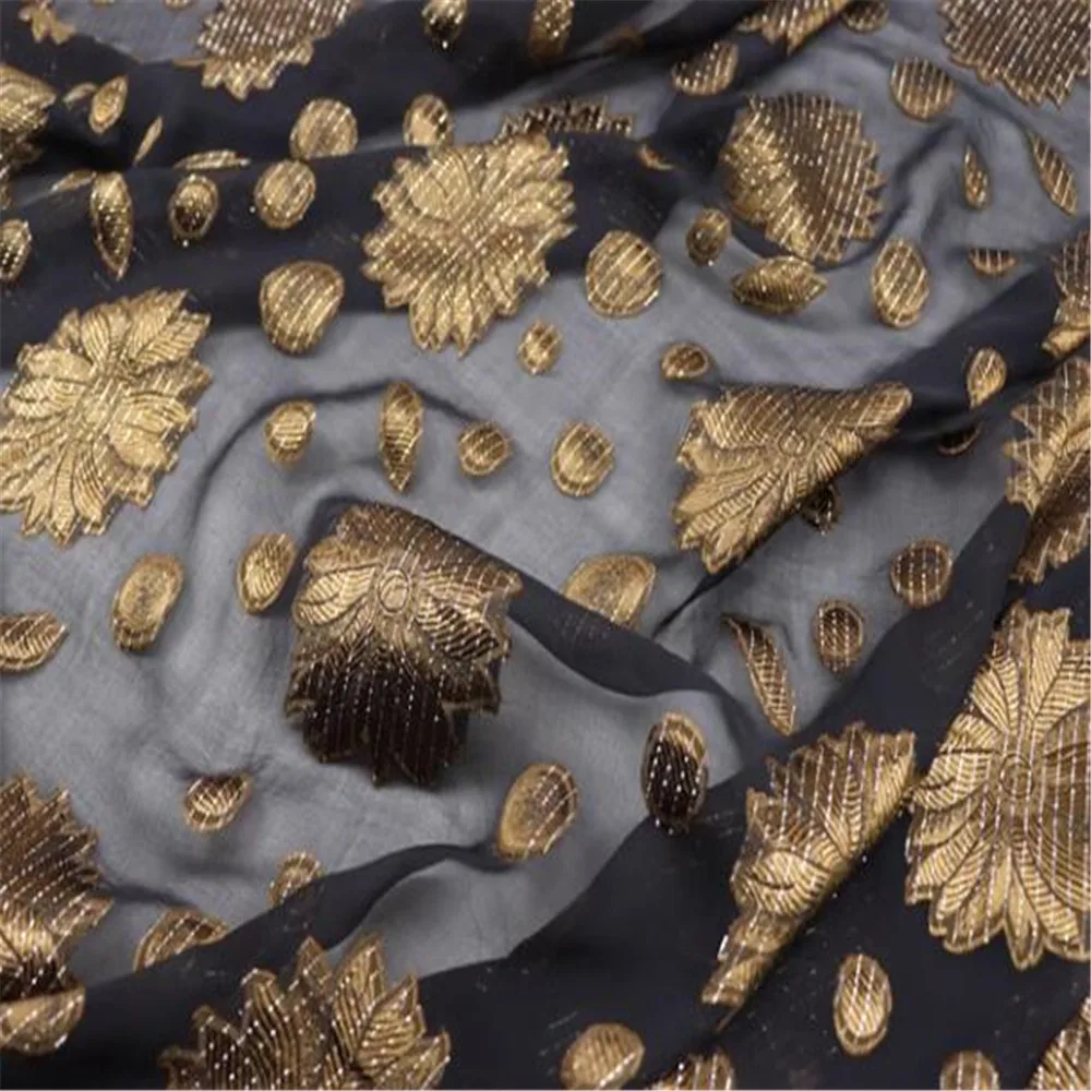 Clear Floral Black Gold Flower Shiny Soft Silk Lurex Metallic Fabric with Jacquard for Lady Fashion Party Dress