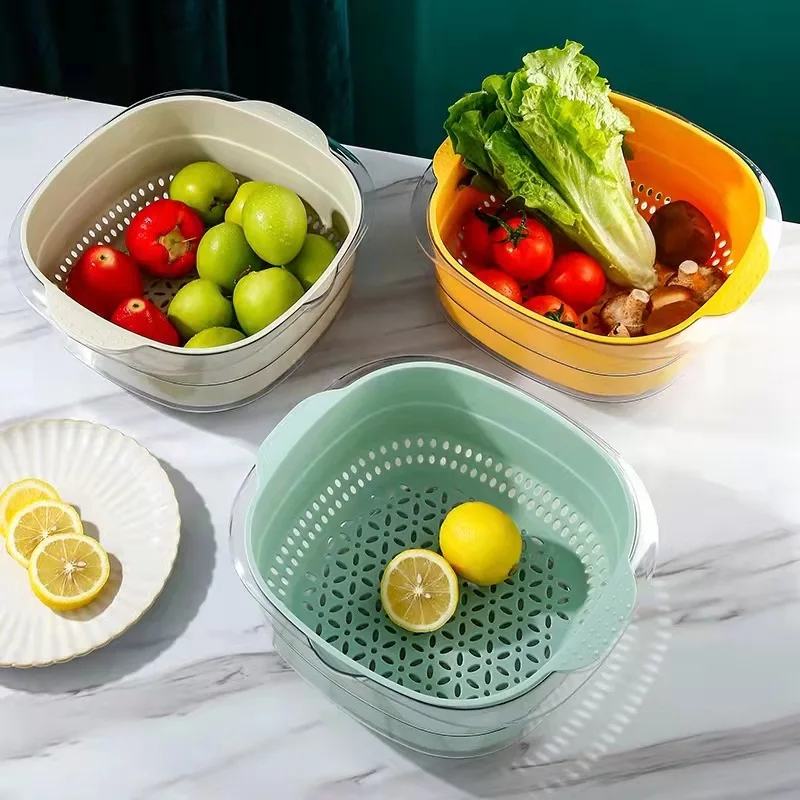 

Double Layer Plastic Colander Basket Kitchen Washing Fruit Vegetable Straine Washing Rinsing Soaking Vegetable Food Basket