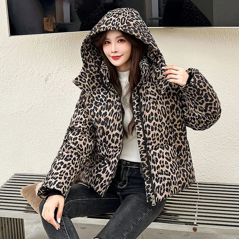 

Winter Warm Hooded Loose Thickened Women Cotton Jacket 2025 New Overcoat Fashionable Leopard Print Down Women Cotton Jacket H404