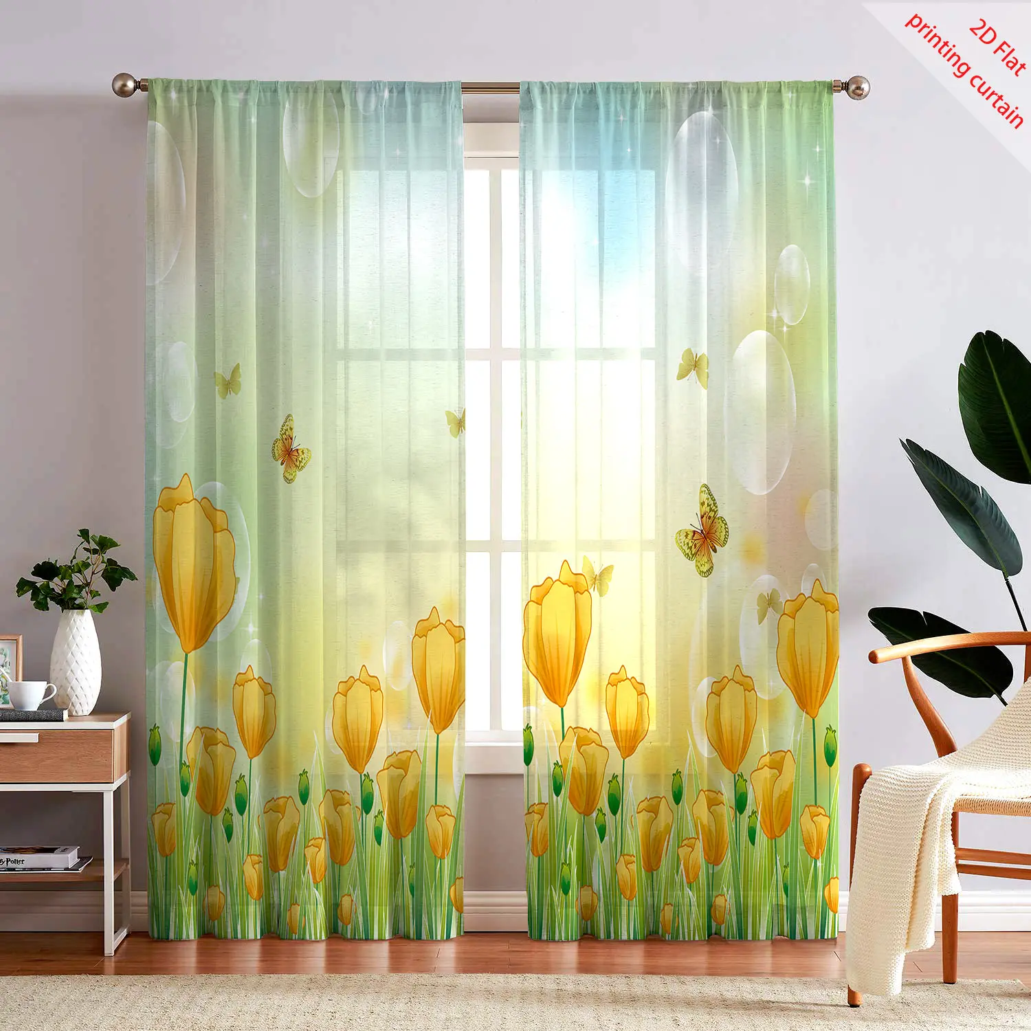 

Yellow tulip print transparent gauze curtain, romantic home decoration, suitable for living room, bedroom, balcony windows