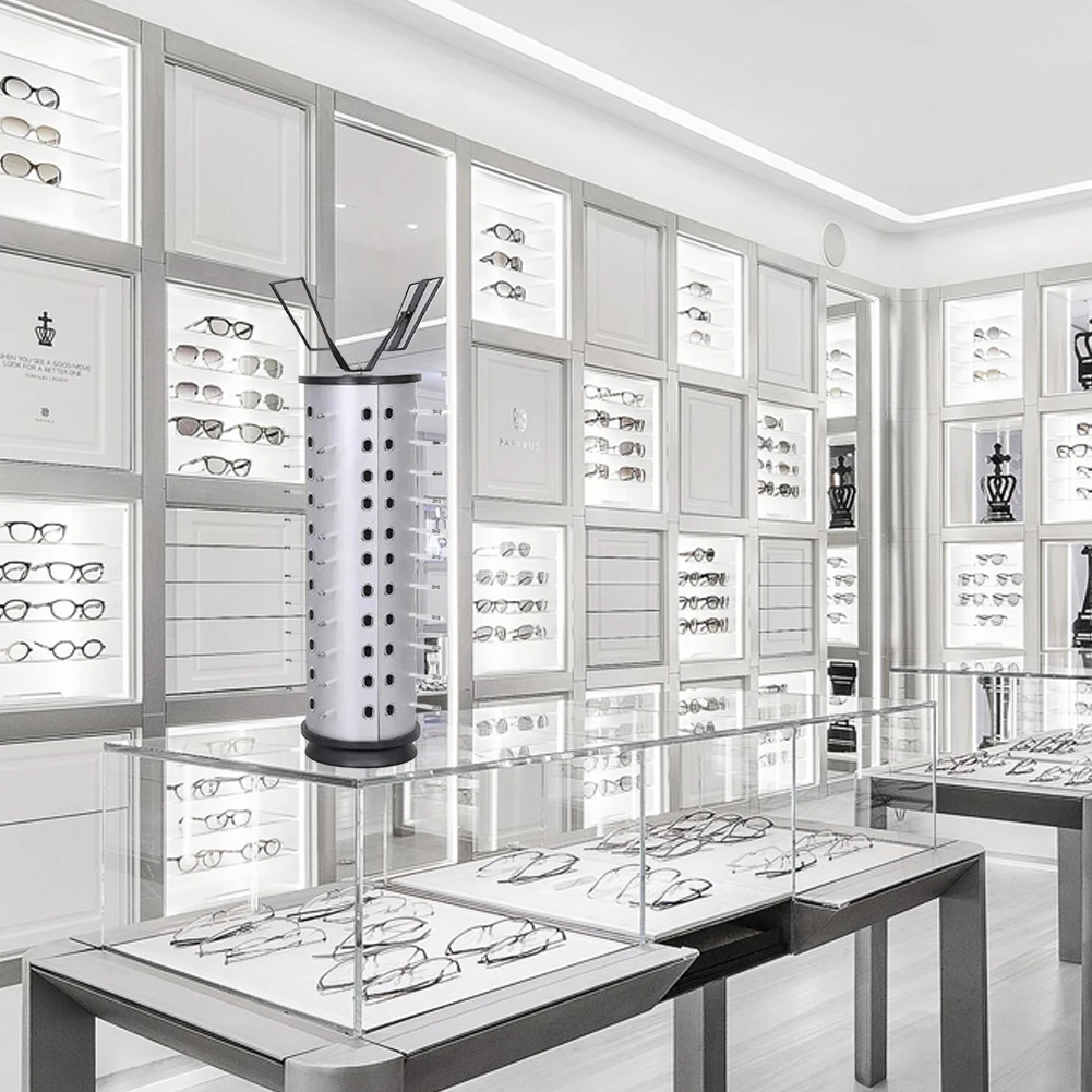 مجموعة النظارات الدوارة مع مرآة النظارات الشمسية رف دائري 44 زوجًا من حامل نظارات تخزين قائم بذاته