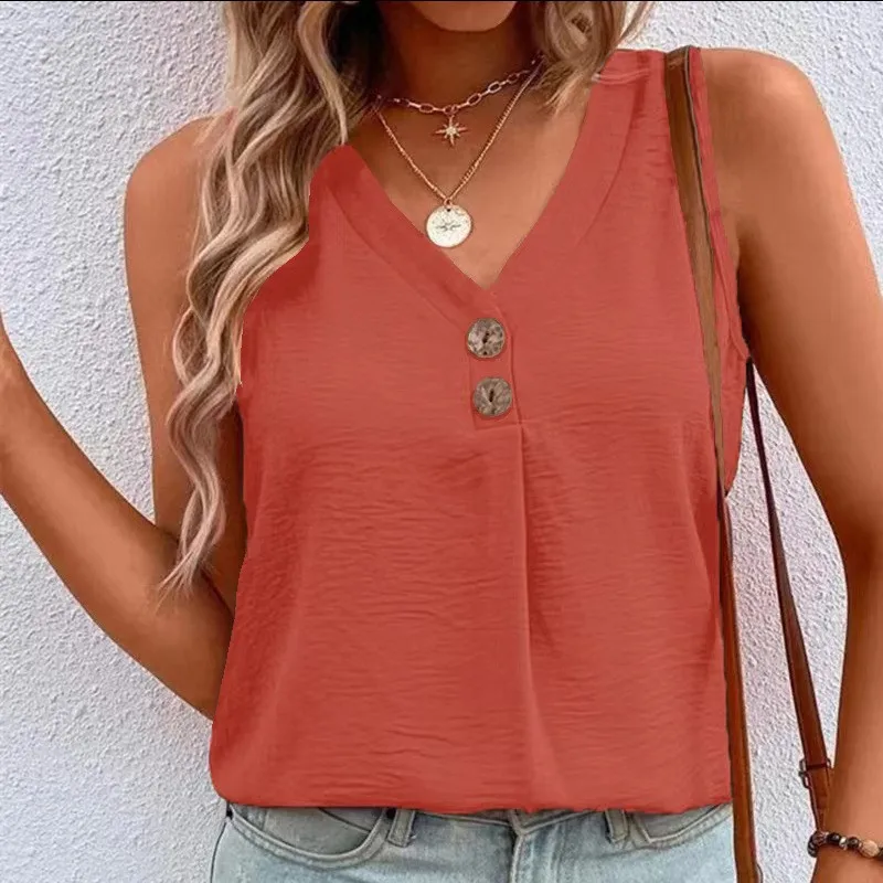 

Summer New EBay Fashion Vest V-neck Nail Buckle Sleeveless Shirt For Women Instagram Solid Color Versatile Wave Pattern Casual
