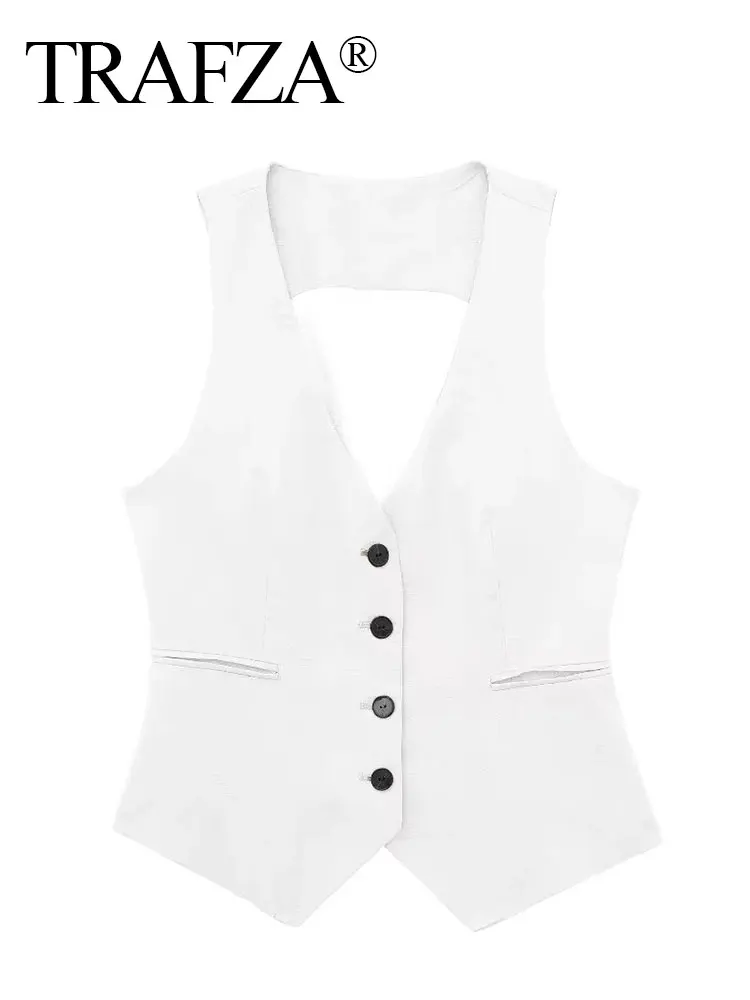 TRAFZA Summer Women Elegant Solid Linen Vest Top Casual Vintage V Neck Sleeveless Waistcoat 2024 Female Fashion Vests Chic Tops