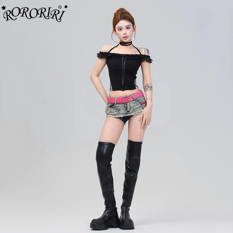 

RORORIRI Low Waist Women Denim Mini Skirt Pants 2-In-1 Wash Retro Shorts Frayed Slim Belted Jeans Skorts Y2k Harajuku Streetwear