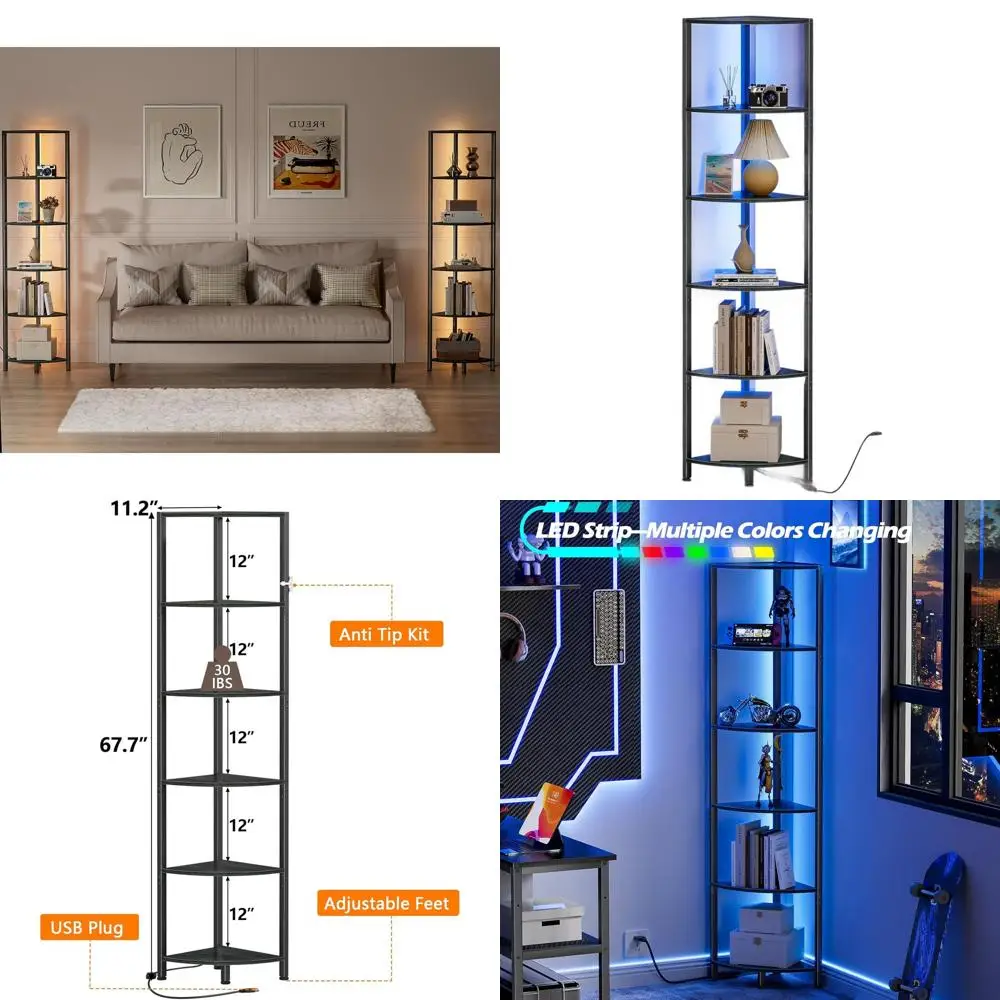

6-Tier LED Lighted Bookshelf, 67.5 Tall, Black Narrow Storage Rack for Living Room or Bedroom, Metal and Wood Display Shelf