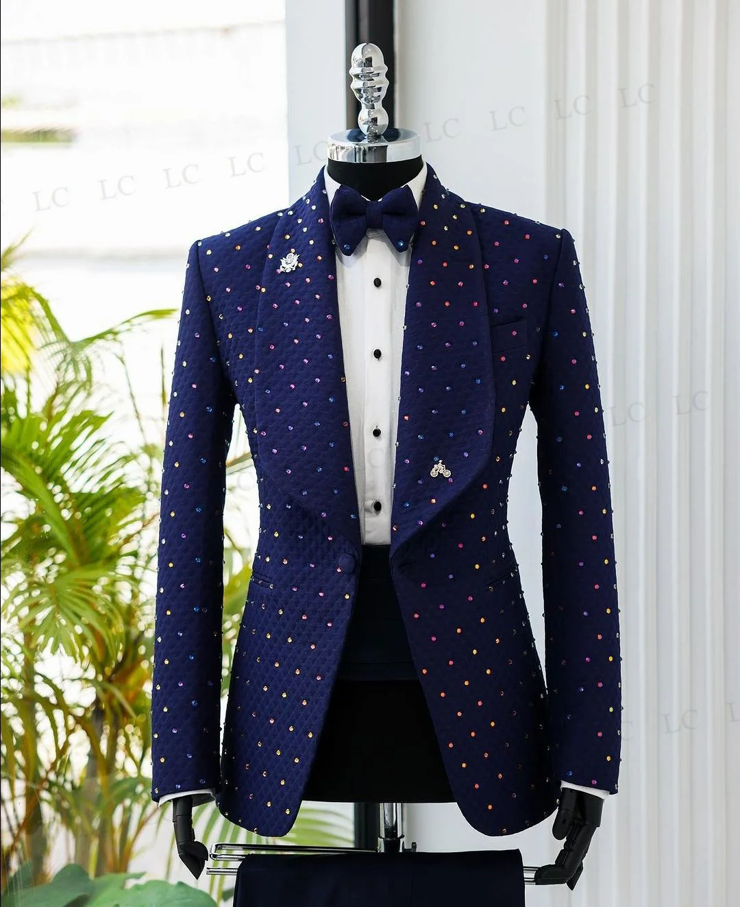 Sparkly Navy CrystalWedding Groom Diamonds Men Suits 2 Pieces Blazer Pants One Button Tuxedo Formal Work Wear Plus Size Tailored