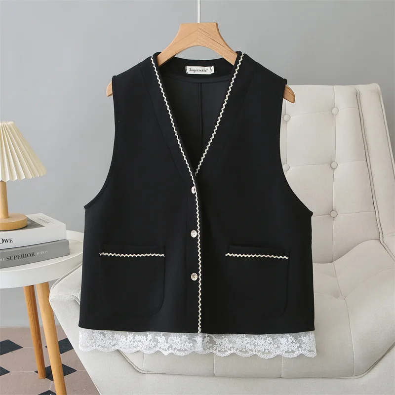 

Women Plus Size Sleeveless Vest Mesh Patchwork V-Neck Cardigan Coat For Curvy Ladies 1217