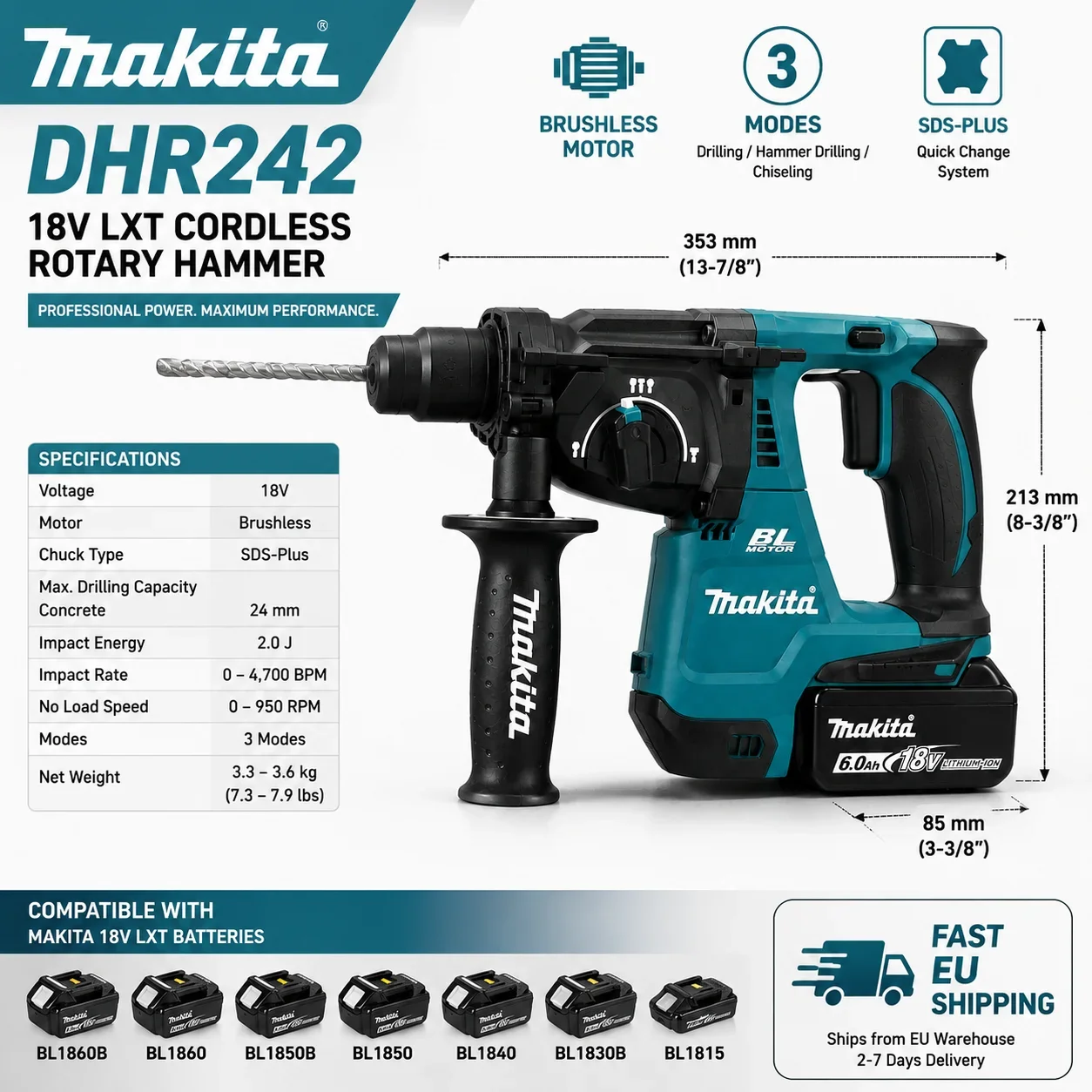 Original Makita DHR242 18V Bürstenloser Bohrhammer mit Makita 6,0Ah Akku, 24mm SDS-Plus, 3 Modi, 2,0J Schlagkraft, Professionelles Beton-Elektrowerkzeug, EU-Lager – Detail 8