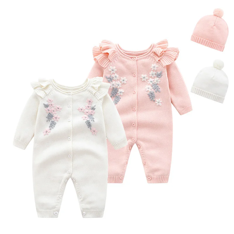 Newborn Baby Girl Knitting Jumpsuit+Hat Flower Embroidery Toddler Baby Girl Romper Spring Autumn Children Knitting Clothes