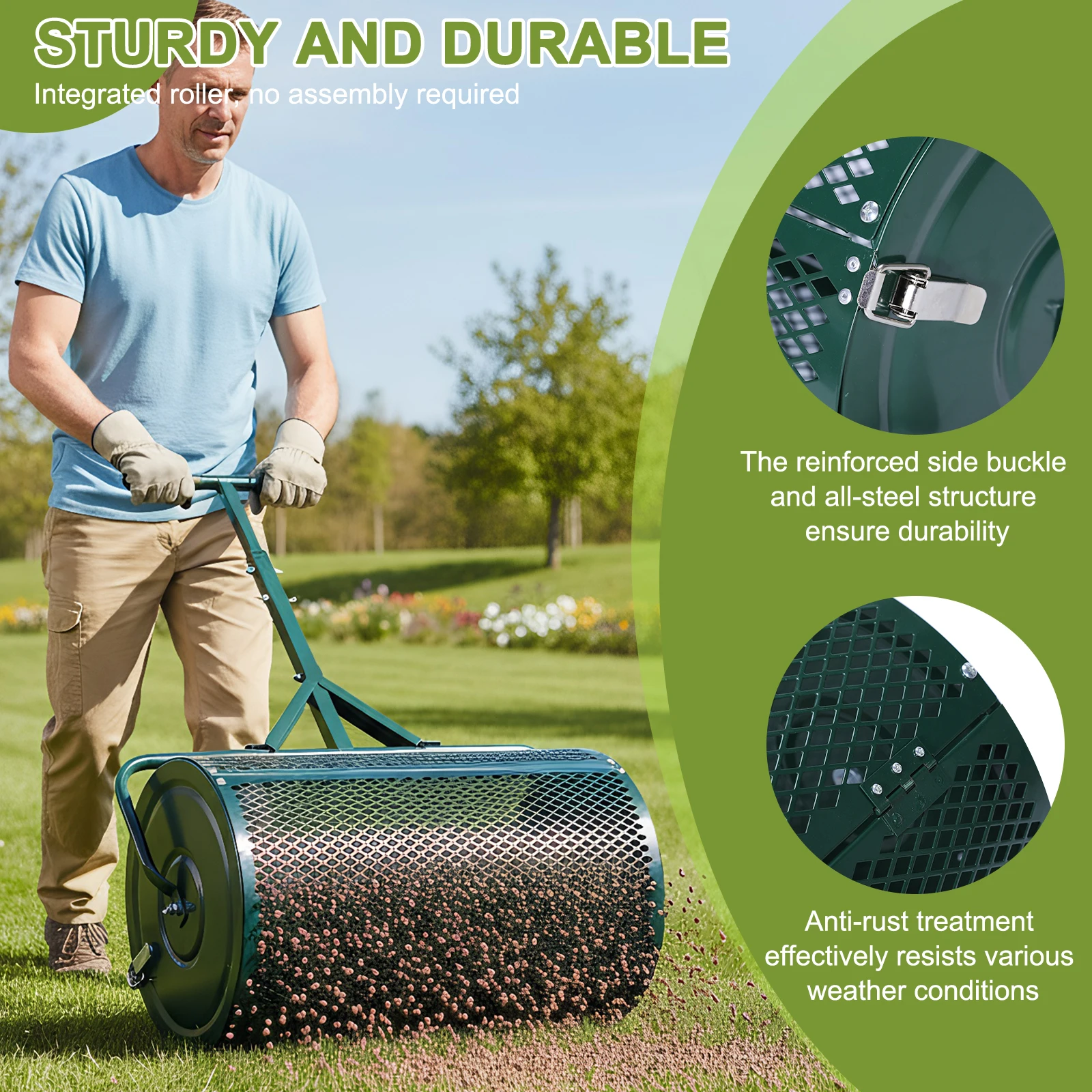 23.6 Inch Heavy-Duty Compost Spreader Height Adjustable Handle Lightweight Metal Mesh with Side Latches for Lawns Gardens Fields