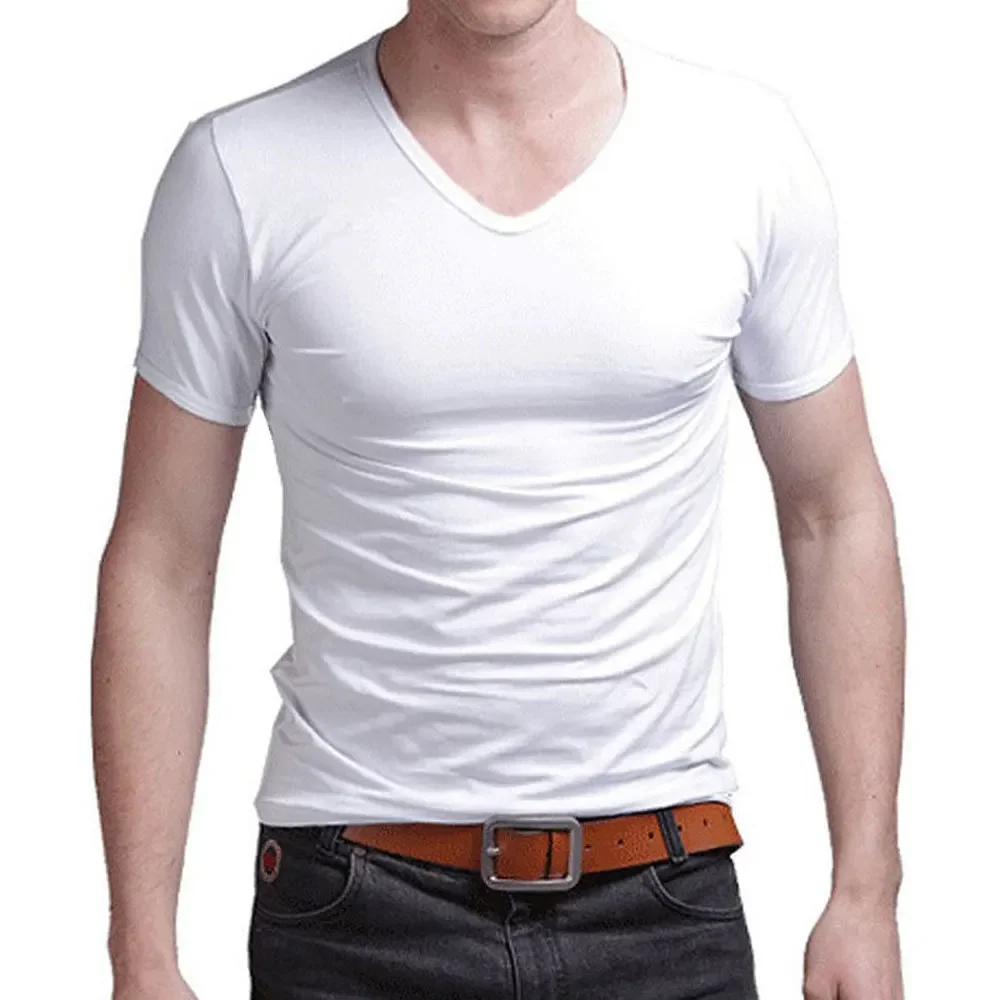 2026 Stretch V Collar Mens T Shirt Solid Color Short Sleeved T-Shirt For Male Men Tights Slim Tshirt