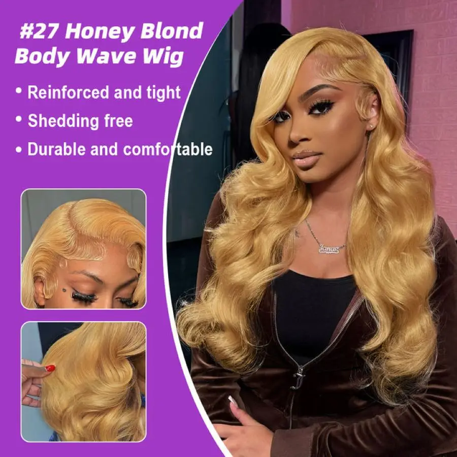 Brazilian #27 Honey Blonde 30 34 Inch Body Wave 13x4 Lace Front Human Hair Wig 13x6 HD Transparent Lace Frontal Wigs 200 Density