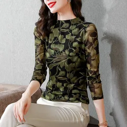 #1617 Spring Black Printed Mesh T Shirt Women Short Tshirt Female Long Sleeve Vintage Basic Women's T-shirt Thin Elastic Office