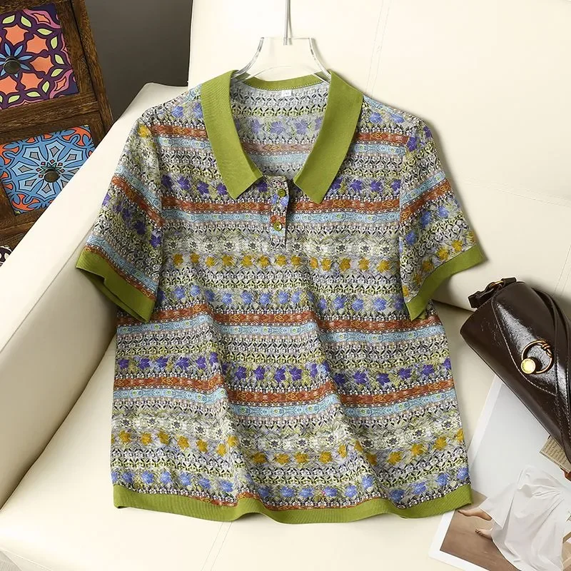 Mature Women Summer Chiffon Polo Shirt Ethnic Floral Print Short Sleeve Loose Casual Mom Top S-4XL
