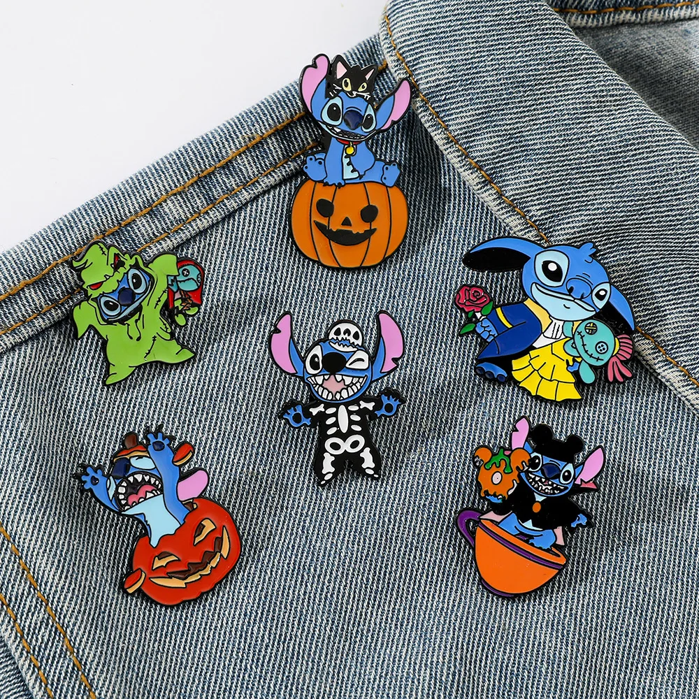 

Disney Anime Stitch Pin Kawaii Cartoon Creative Halloween Elements Alloy Brooch Clothes Badge Backpack Accessories Holiday Gifts