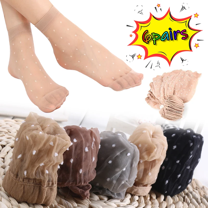 Lot de 6 paires de chaussettes d'été ultra-fines pour femme, transparentes, sexy, à la mode, motif à pois, haute commande, en nylon, respirantes