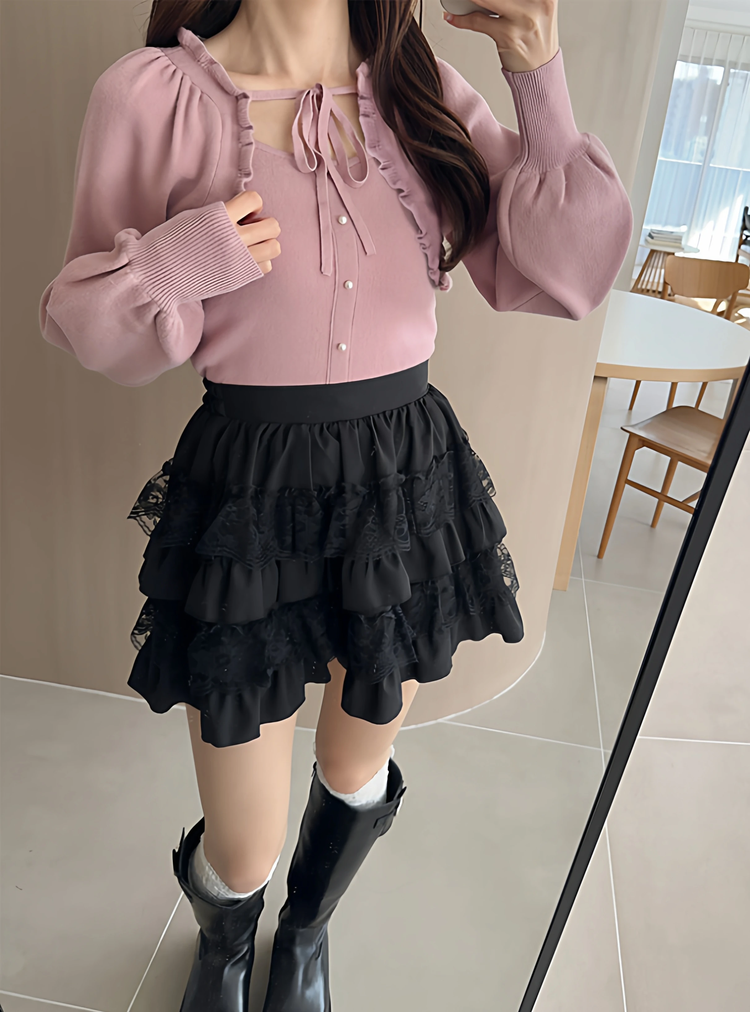 Japanese Sweet Versatile Fungus Edge Short Long-sleeved Knitted Cardigan Double-breasted Suspenders 2-piece Set Spring  Autumn