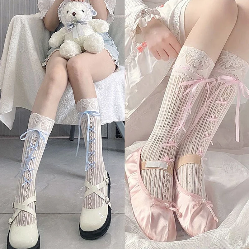 

Ballet Elegant Style Sock Ribbon Bows Tie Stocking Hollows Lace Striped Bows Tie Fishnet Long Knee Length Sock