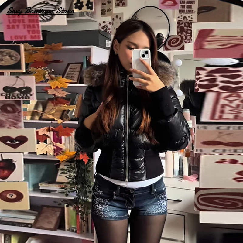 Chaqueta de algodón con costura de título para mujer, abrigo de manga larga con cuello de piel sintética, abrigos desmontables ajustados, prendas de vestir para señora nueva 2025
