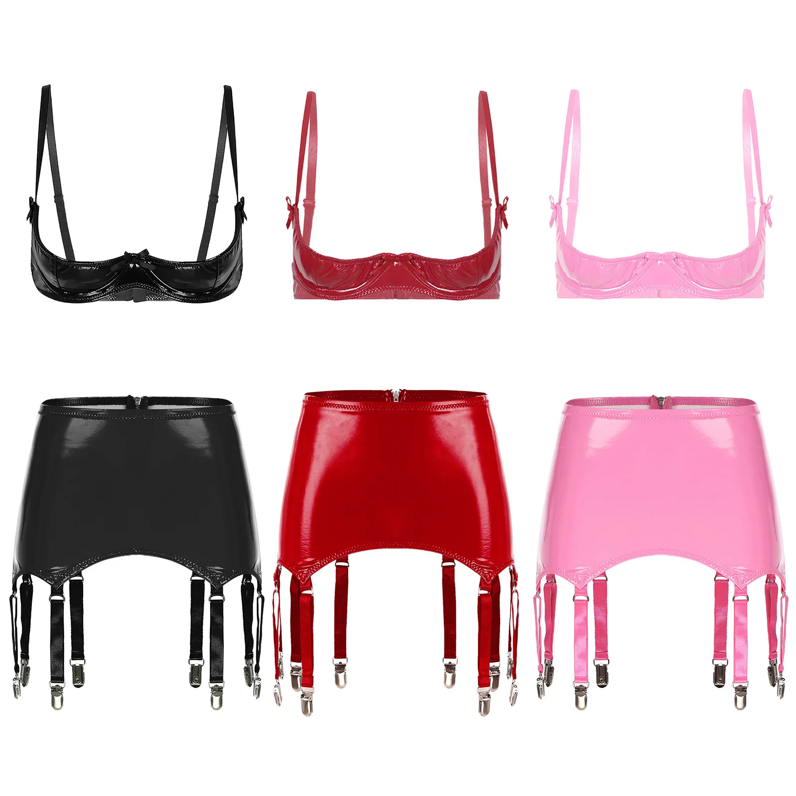 

Women Sexy Wet Look Leather Lingerie Rave Set 1/4 Cup Push-up Underwire Bra Top And Bodycon Miniskirt with Garter Clips Club