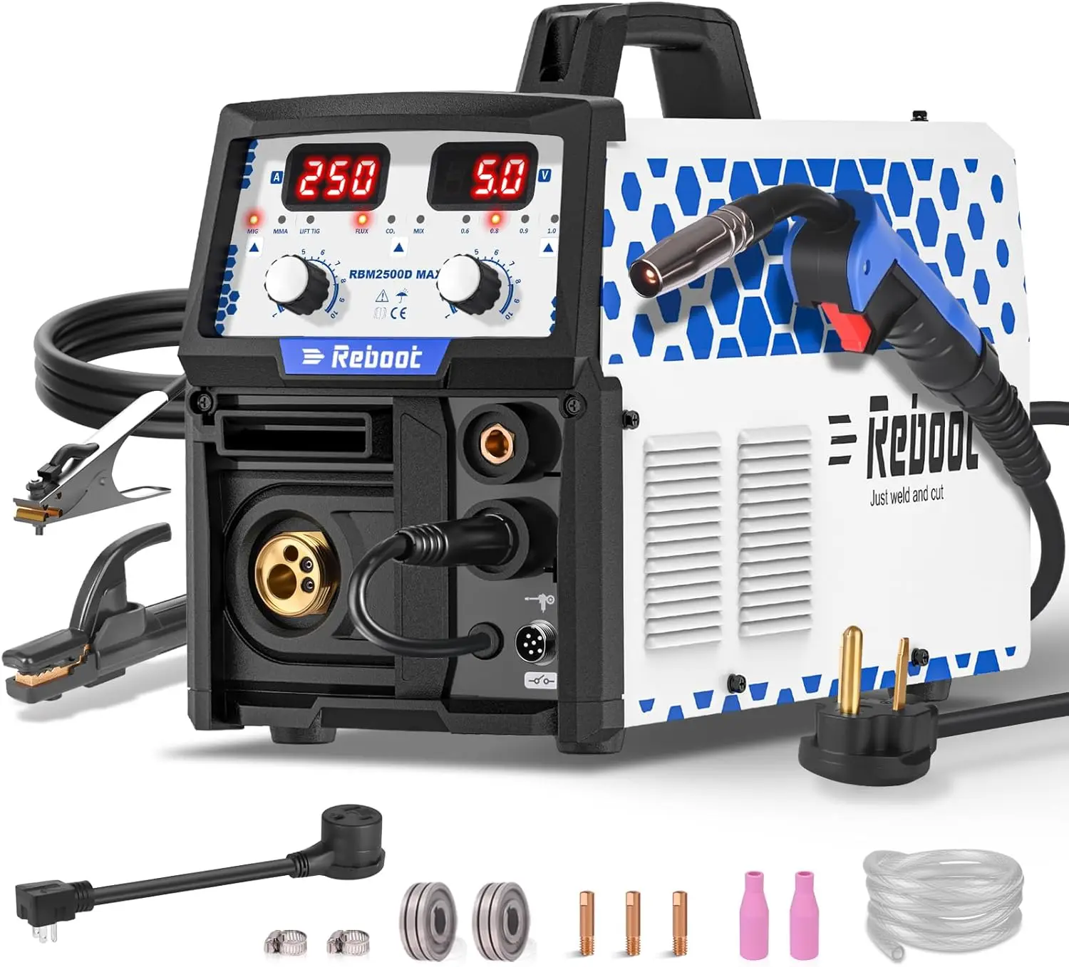 

Reboot RBM2500D MAX 250A 5-in-1 Multiprocess Welder 120V/240V, Spool Gun Aluminum Compatible, MIG Gas/Gasless Lift TIG Stick