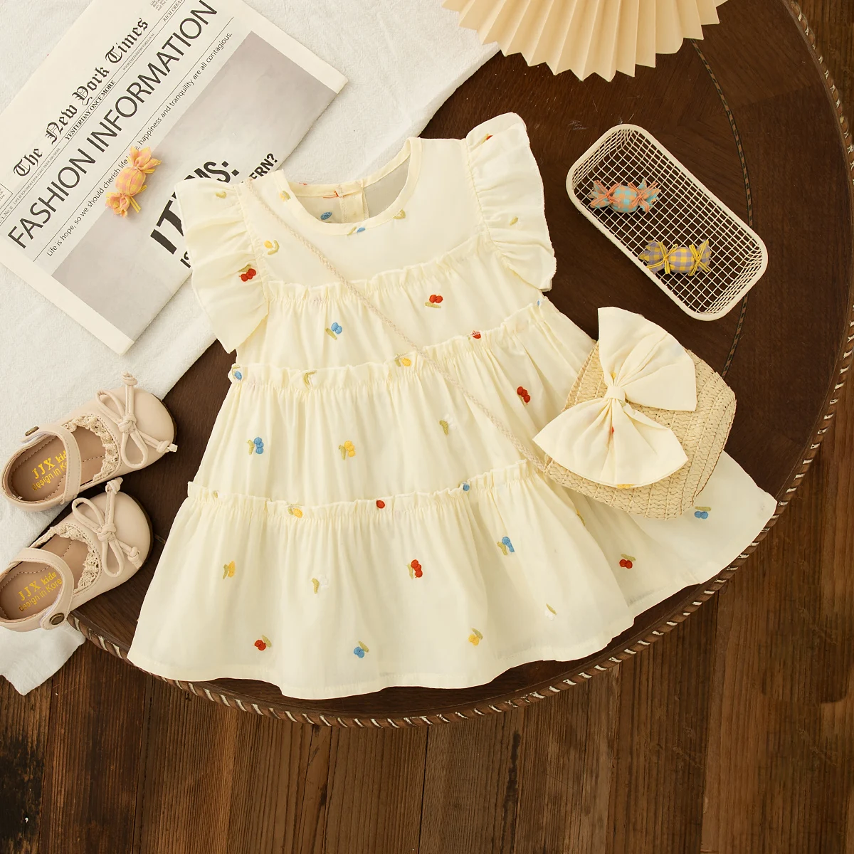 Summer Cotton Comfortable Breathable Baby Girl Cherry Dress Send a Bag Korean Style Sweet Short Sleeves Toddler Princess Dress