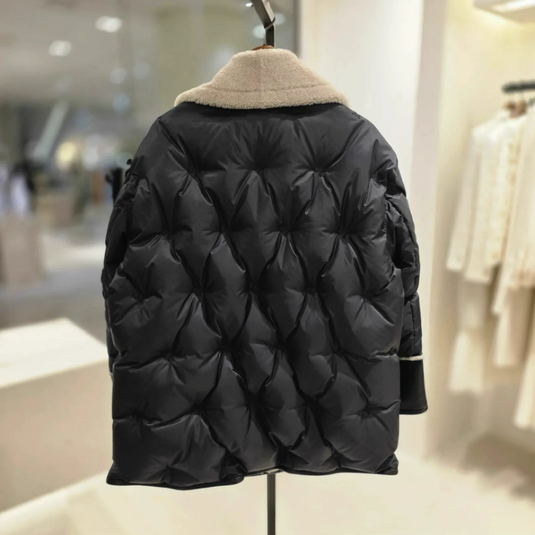 Faionable تقسم فرو الضأن طوق مبطن Jaet المرأة تخفيف Sle طويل Sve سستة إغلاق اللون أوزة أسفل معطف