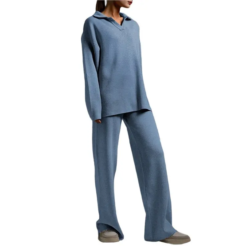 ABRT-Women's 2 Piece Outfits Sweater Set Wide Leg Pants V-Neck Sweatsuit Loungewear Haze Blue M