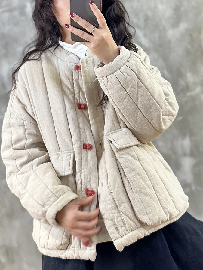 Fashionable Loose Cotton Jacket for Women with Button Contrast Color Patch Cut Label Age Reducing Winter Outerwear
