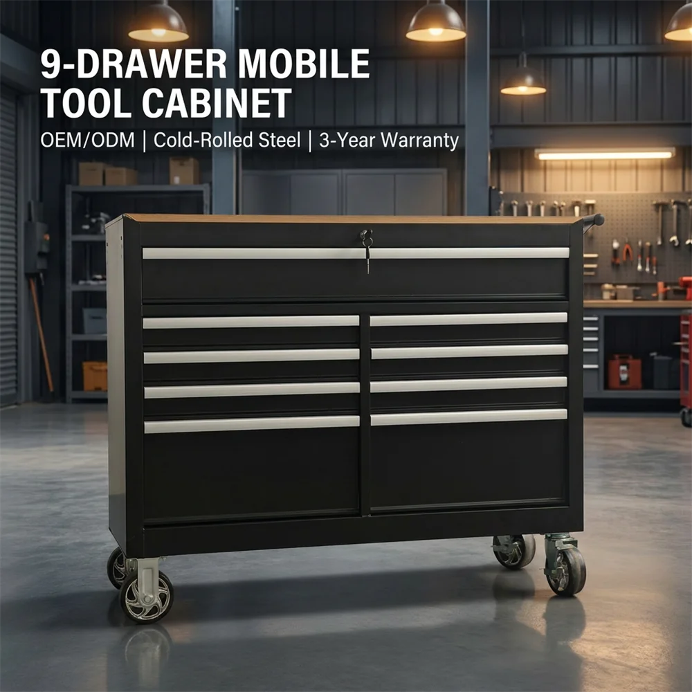 Heavy Duty 9-Drawer Rolling Tool Cabinet with Workbench Top, 600 kg Steel Mobile Tool Chest for Garage Workshop, OEM