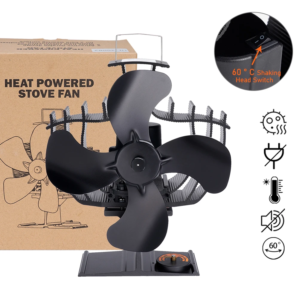 60 Rotation Fireplace Fan 4 Blade Heat-powered Stove Fan Log Wood Burner Eco Quiet Stove Fan Home Efficient Heat Distribution