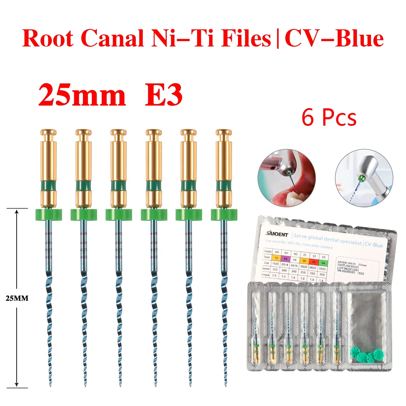 Hot Sale! den tale Root Canal Endodontic NiTi Rotary Files 25mm E3 Fascicolo rotativo NITI for Endo Motor Treatment 6Pcs/Pack