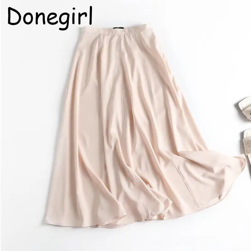 Donegirl 2023 Nieuwe Lente Zomer Vrouwen Mode Hoge Taille Satijn Geplooide Rok Eenvoudige Effen Casual Midi Rok Elegante Dames Chic