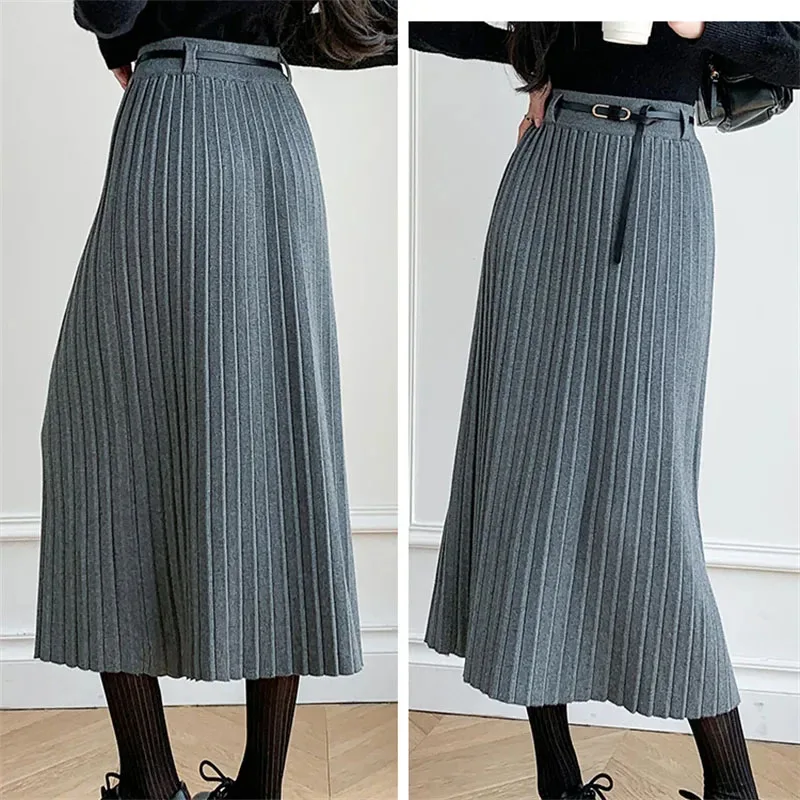 Fashion Temperament Gray Knitted Long Skirt Women Korean High Waisted Office Lady Midi Skirts All-Match Slimming Pleated Skirts