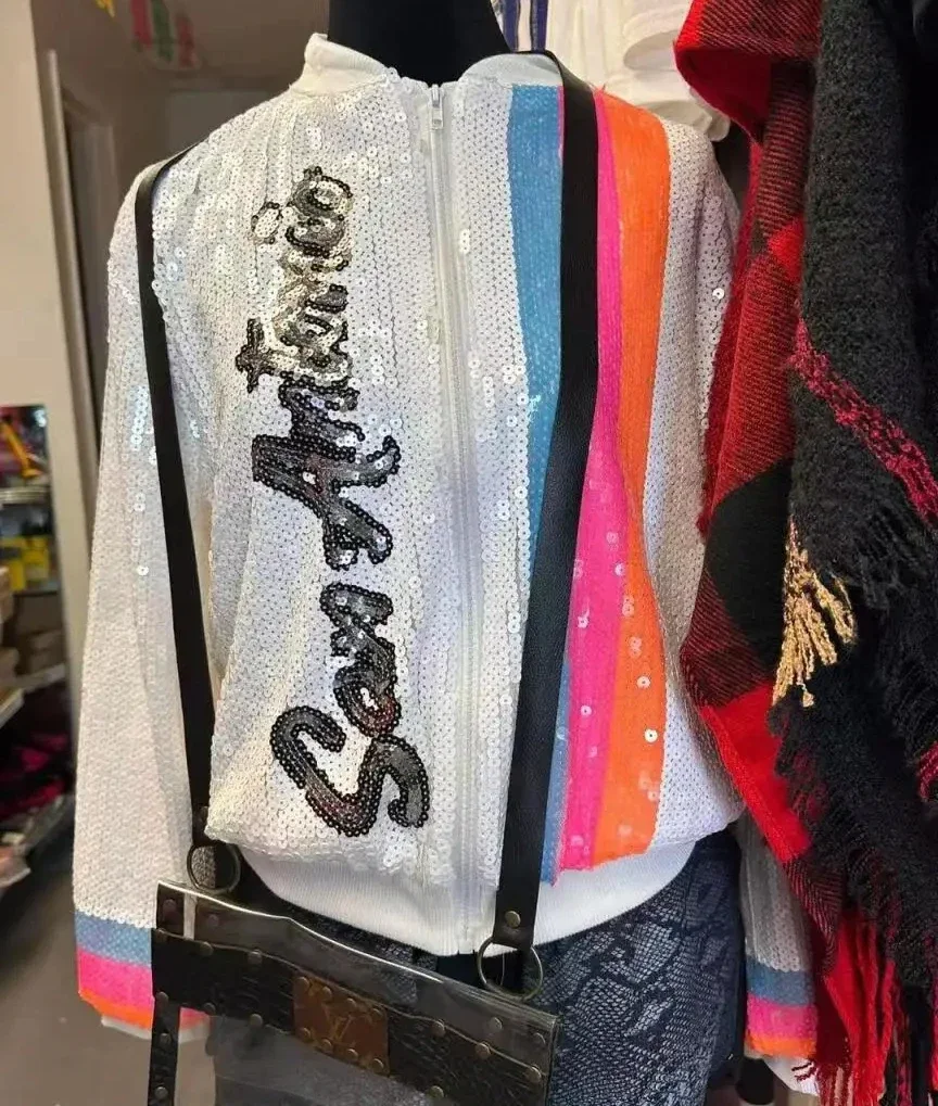 Autumn High Quality Streetwear Bling Sequined Long Sleeve Digit Round Neck Loose Jacket Women Hip Hop Straight Coats