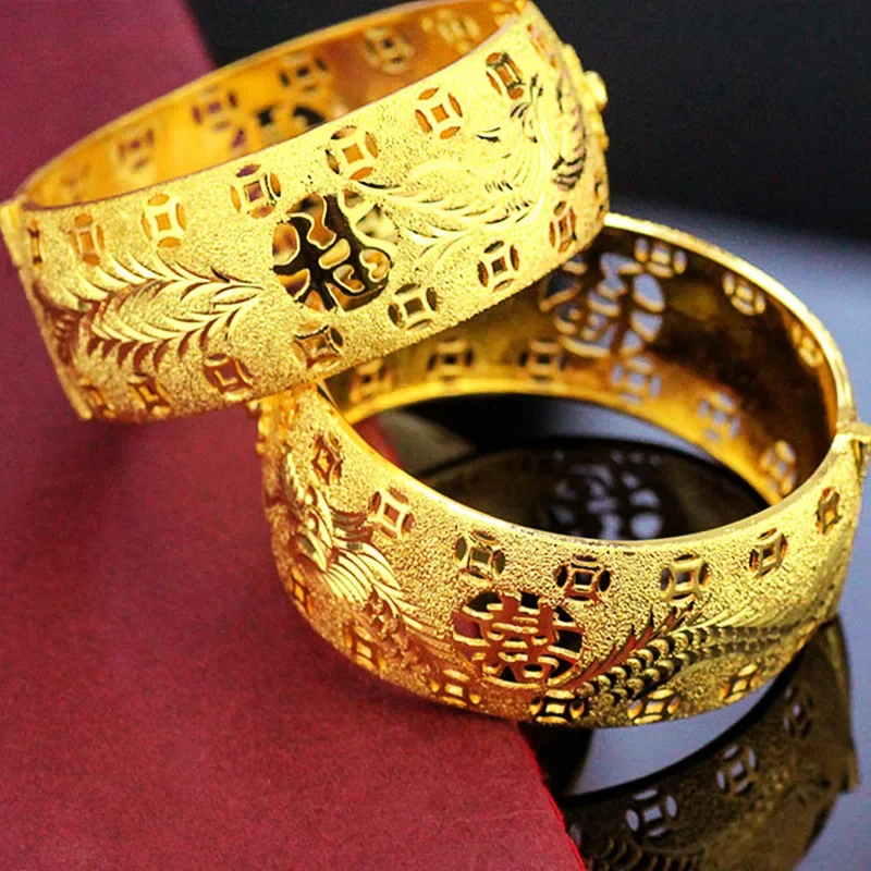 

Pure Gold Coating 24k Bangles With Dragon Phoenix Carved Bracelet For Women Bride Wedding Anniversary Jewelry Pulseira