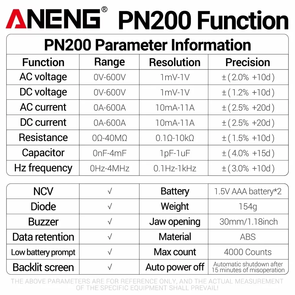 PN200 Digital Clamp Meter DC/AC 600A Current 4000 Counts Multimeter Ammeter Voltage Tester Car Hz Capacitance NCV Ohm Test
